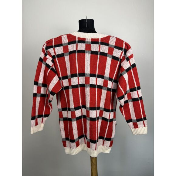 90s Vintage Plaid Wool-Blend Knit Cardigan Sweater Red Black White, Size Medium - Picture 10 of 11